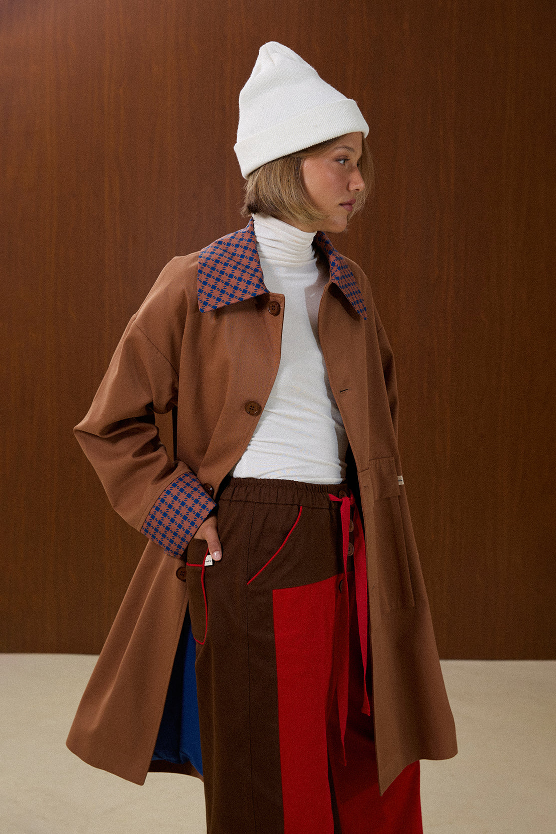 Patterned Collar Long Coat with Front Pocket