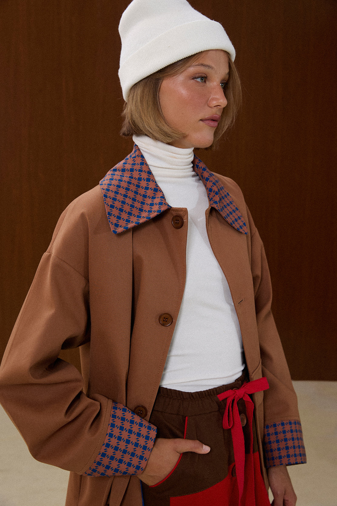 Patterned Collar Long Coat with Front Pocket