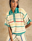 Striped Polo Neck Knit Top