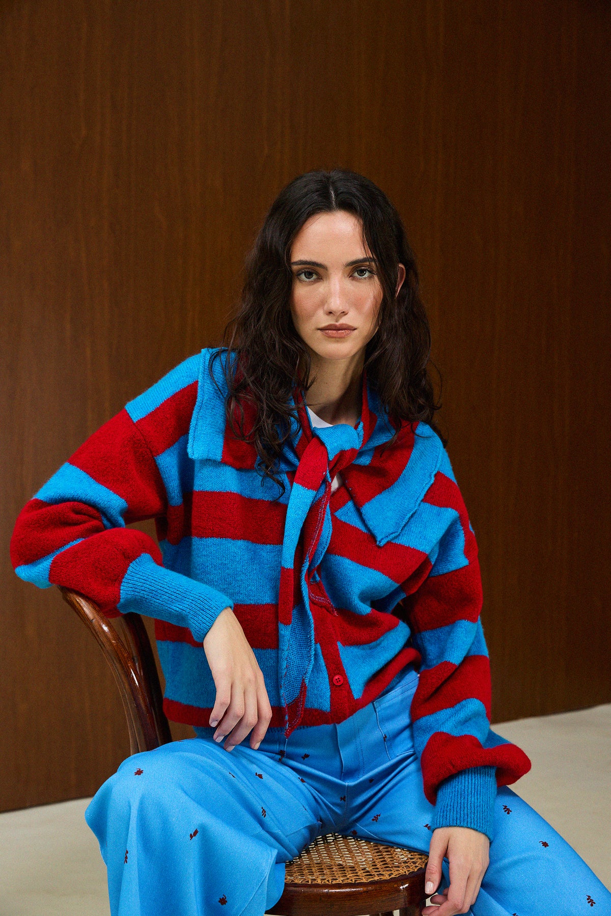 V Neck Striped Knit Cardigan