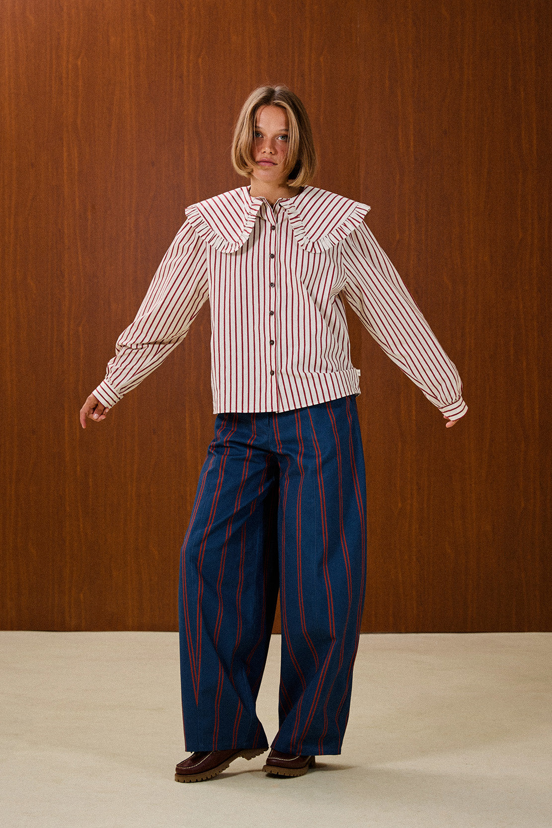 Ruffle Collar Striped Blouse