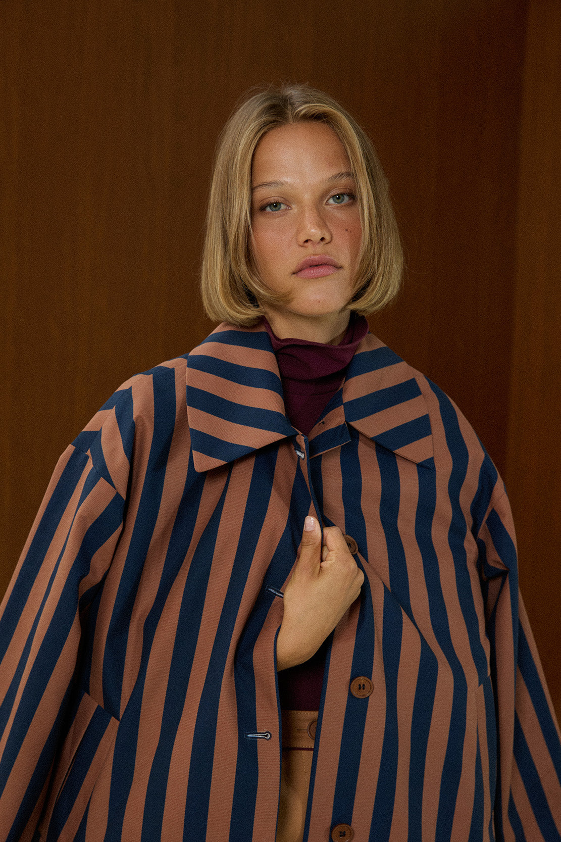 Striped Long Coat With Front Pocket