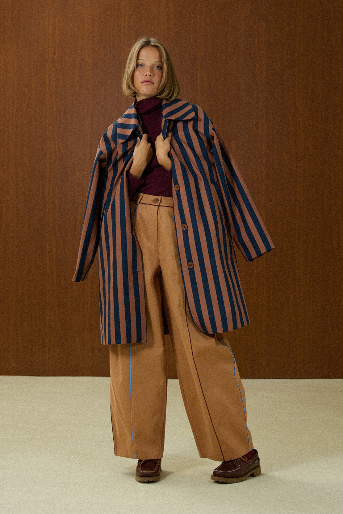 Striped Long Coat With Front Pocket