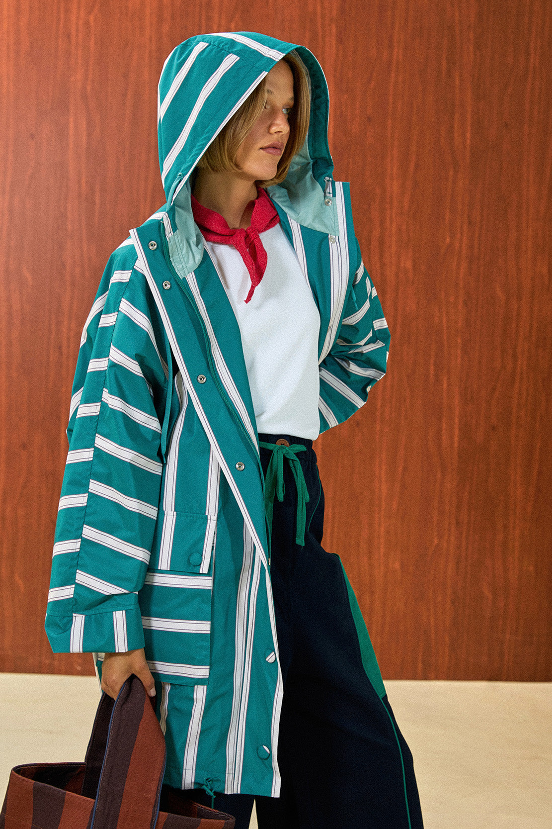 Striped Hooded Long Raincoat
