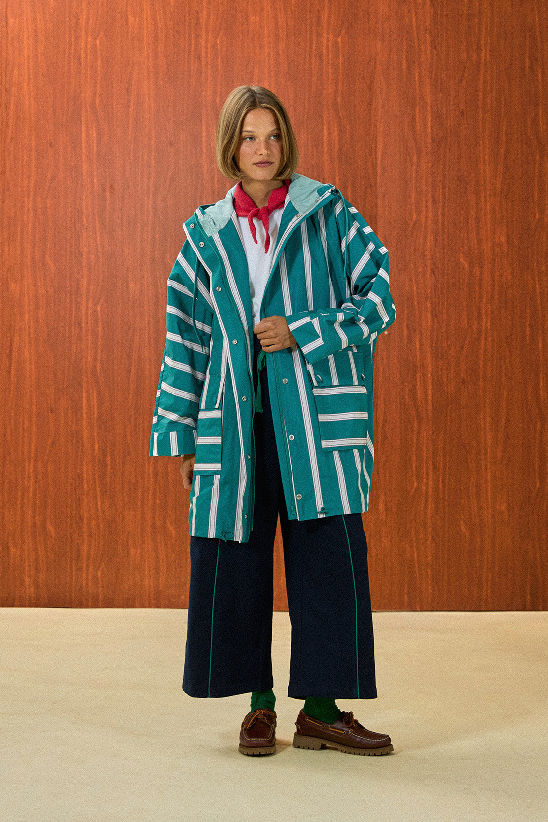 Striped Hooded Long Raincoat