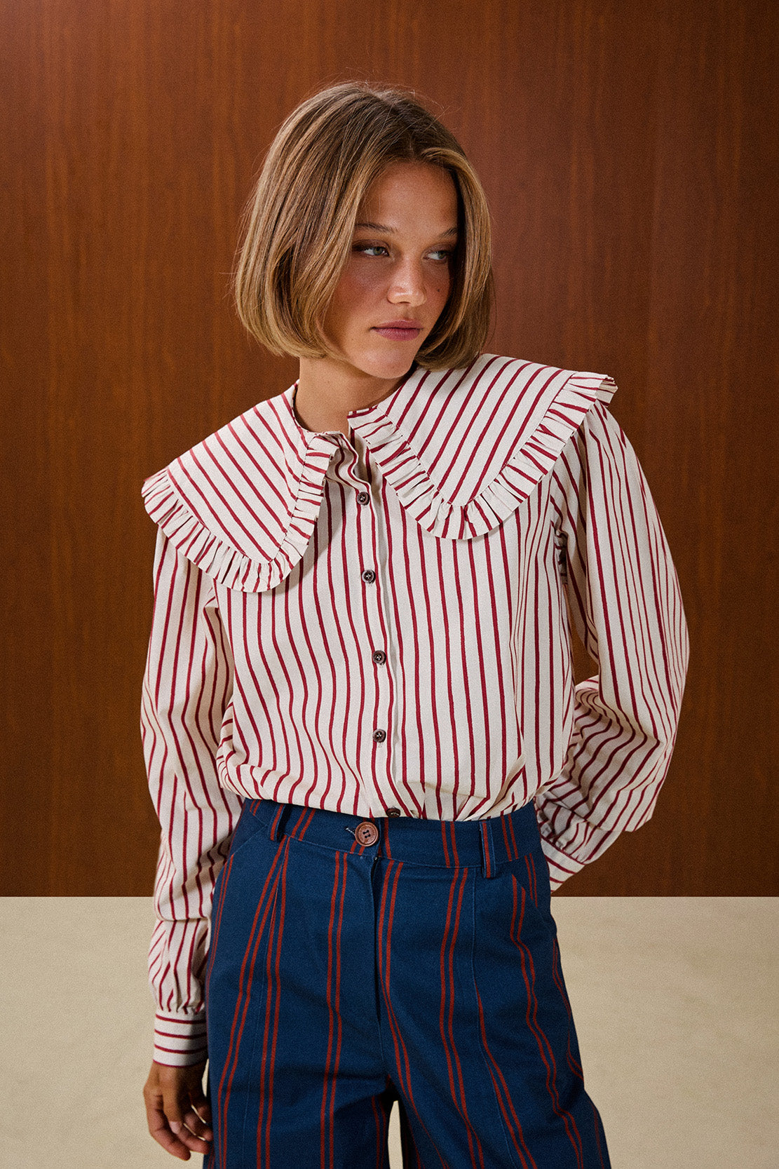 Ruffle Collar Striped Blouse