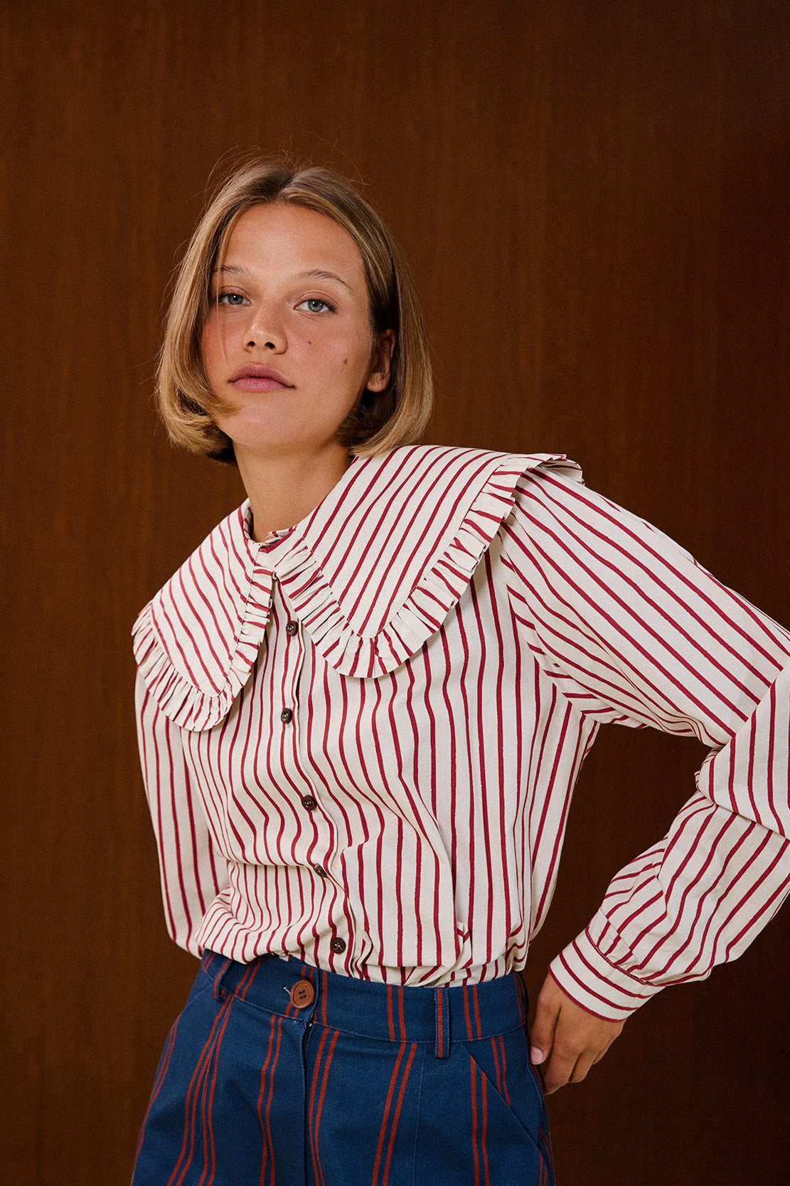 Ruffle Collar Striped Blouse